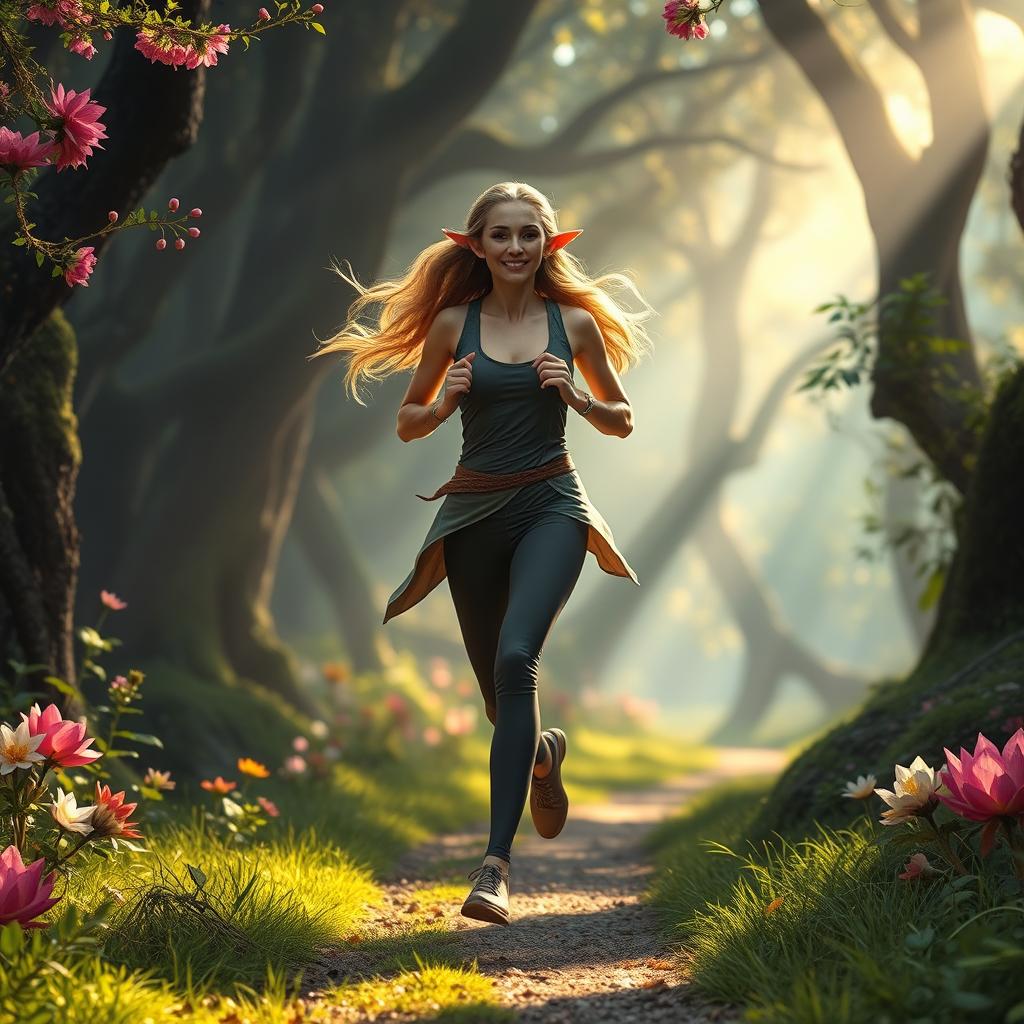 An elf mature woman jogging gracefully through a magical forest, her seasoned elegance and timeless beauty evident in every stride