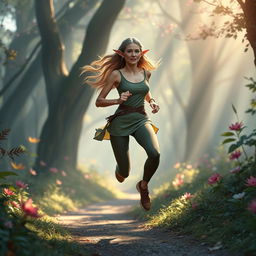 An elf mature woman jogging gracefully through a magical forest, her seasoned elegance and timeless beauty evident in every stride