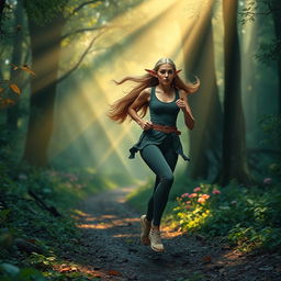 An elf mature woman jogging gracefully through a magical forest, her seasoned elegance and timeless beauty evident in every stride