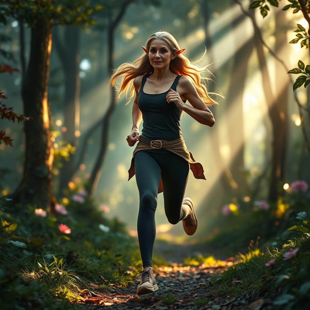 An elf mature woman jogging gracefully through a magical forest, her seasoned elegance and timeless beauty evident in every stride
