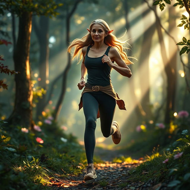 An elf mature woman jogging gracefully through a magical forest, her seasoned elegance and timeless beauty evident in every stride