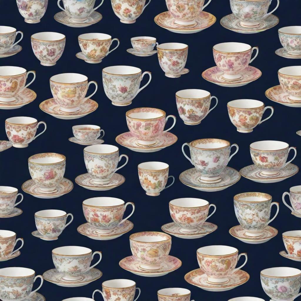 A quirky pattern featuring various types of teacups in different sizes, colors and designs