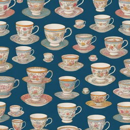 A quirky pattern featuring various types of teacups in different sizes, colors and designs