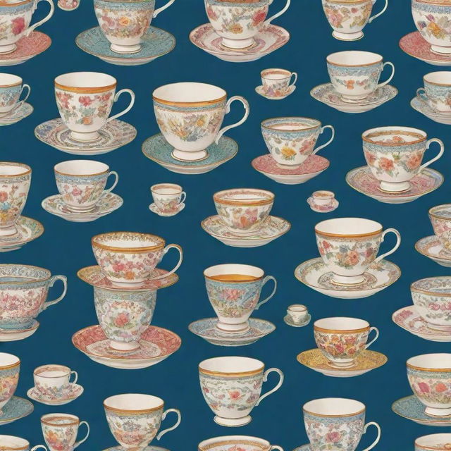 A quirky pattern featuring various types of teacups in different sizes, colors and designs