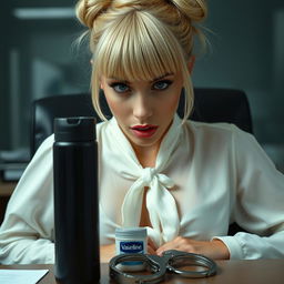 An extreme close-up of a gorgeous woman with a blonde bun hairstyle, complete with flattering bangs, wearing a white blouse tied at the front that accentuates her large chest and cleavage