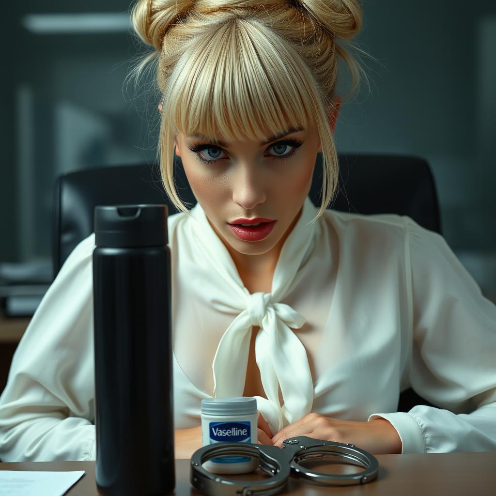 An extreme close-up of a gorgeous woman with a blonde bun hairstyle, complete with flattering bangs, wearing a white blouse tied at the front that accentuates her large chest and cleavage