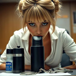 An extreme close-up of a gorgeous woman with a blonde bun hairstyle, complete with flattering bangs, wearing a white blouse tied at the front that accentuates her large chest and cleavage