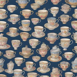 A quirky pattern featuring various types of teacups in different sizes, colors and designs