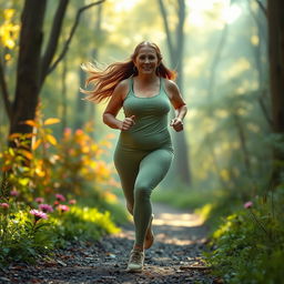 An elf mature woman with a robust, curvaceous body jogging through a magical forest