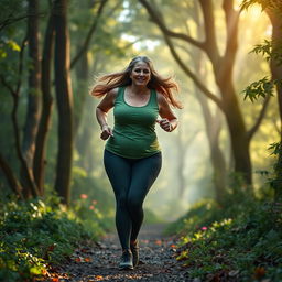 An elf mature woman with a robust, curvaceous body jogging through a magical forest