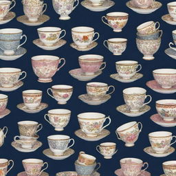 A quirky pattern featuring various types of teacups in different sizes, colors and designs