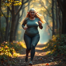 An elf mature woman with a robust, curvaceous body jogging through a magical forest