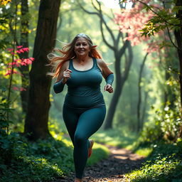 An elf mature woman with a robust, curvaceous body jogging through a magical forest