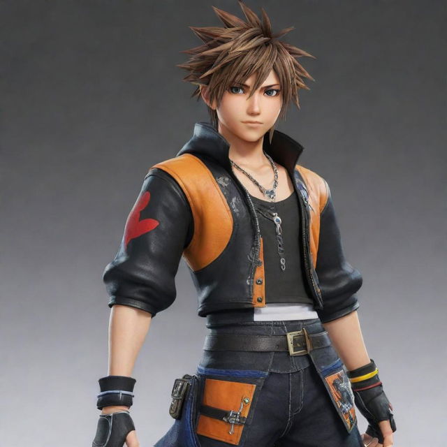 Create a character that is a fusion of Sora from Kingdom Hearts 3, Hwoarang from Tekken 8, and Seven from Scissor Seven, merging their unique features and attires.