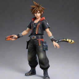 Create a character that is a fusion of Sora from Kingdom Hearts 3, Hwoarang from Tekken 8, and Seven from Scissor Seven, merging their unique features and attires.