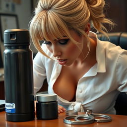 extreme close-up of a gorgeous woman with a blonde bun and bangs, wearing a white blouse tied in front, revealing a large chest and cleavage