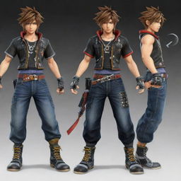 Create a character that is a fusion of Sora from Kingdom Hearts 3, Hwoarang from Tekken 8, and Seven from Scissor Seven, merging their unique features and attires.