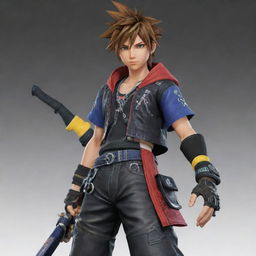 Create a character that is a fusion of Sora from Kingdom Hearts 3, Hwoarang from Tekken 8, and Seven from Scissor Seven, merging their unique features and attires.