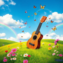 A magical ukulele playing music notes by itself, set on a serene green hill under a bright blue sky sprinkled with fluffy white clouds