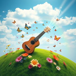 A magical ukulele playing music notes by itself, set on a serene green hill under a bright blue sky sprinkled with fluffy white clouds