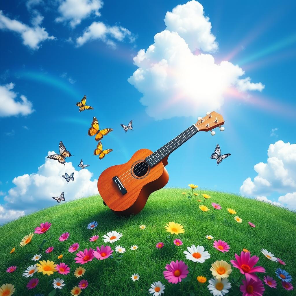 A magical ukulele playing music notes by itself, set on a serene green hill under a bright blue sky sprinkled with fluffy white clouds