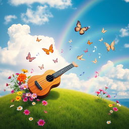 A magical ukulele playing music notes by itself, set on a serene green hill under a bright blue sky sprinkled with fluffy white clouds