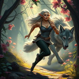 A mature elf woman with a robust physique jogging through a magical forest, her movements are swift and purposeful as she runs from a large, mystical wolf