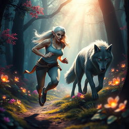 A mature elf woman with a robust physique jogging through a magical forest, her movements are swift and purposeful as she runs from a large, mystical wolf