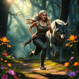 A mature elf woman with a robust physique jogging through a magical forest, her movements are swift and purposeful as she runs from a large, mystical wolf