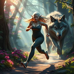 A mature elf woman with a robust physique jogging through a magical forest, her movements are swift and purposeful as she runs from a large, mystical wolf