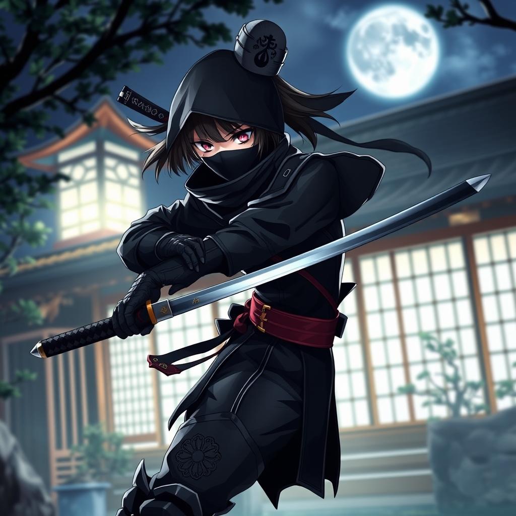 A ninja girl poised in a dynamic action pose, wearing traditional ninja attire with modern enhancements