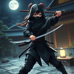 A ninja girl poised in a dynamic action pose, wearing traditional ninja attire with modern enhancements