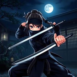 A ninja girl poised in a dynamic action pose, wearing traditional ninja attire with modern enhancements