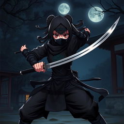 A ninja girl poised in a dynamic action pose, wearing traditional ninja attire with modern enhancements