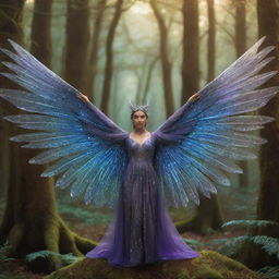 A mystical creature, glittering with an aura of magic, with radiant eyes and fantastical wings, set against a backdrop of a bewitching enchanted forest.