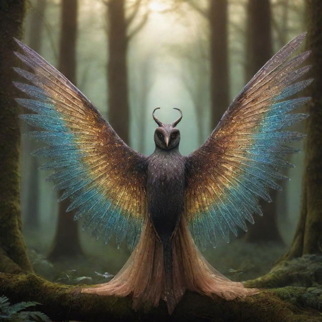 A mystical creature, glittering with an aura of magic, with radiant eyes and fantastical wings, set against a backdrop of a bewitching enchanted forest.