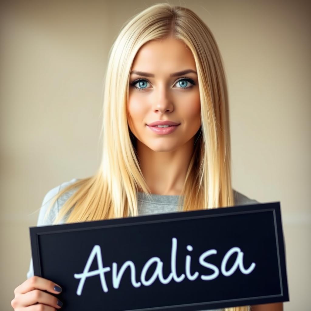 A portrait of a woman with long, straight blonde hair and striking blue eyes, posing in a casual, yet stylish manner