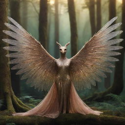 A mystical creature, glittering with an aura of magic, with radiant eyes and fantastical wings, set against a backdrop of a bewitching enchanted forest.