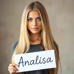 A portrait of a woman with long, straight blonde hair and striking blue eyes, posing in a casual, yet stylish manner