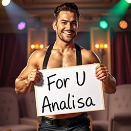 A male striptease artist confidently holding a sign that reads "For U Analisa"