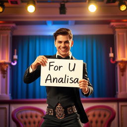 A male striptease artist confidently holding a sign that reads "For U Analisa"