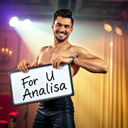 A male striptease artist confidently holding a sign that reads "For U Analisa"