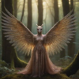 A mystical creature, glittering with an aura of magic, with radiant eyes and fantastical wings, set against a backdrop of a bewitching enchanted forest.