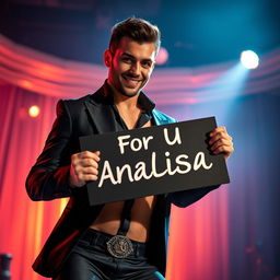 A male striptease artist confidently holding a sign that reads "For U Analisa"