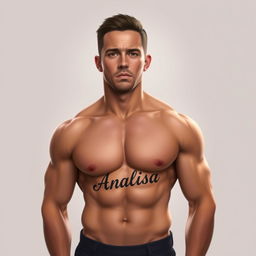 A digital portrait of a man resembling Channing Tatum showcasing a prominent tattoo on his chest that reads 'Analisa'