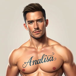 A digital portrait of a man resembling Channing Tatum showcasing a prominent tattoo on his chest that reads 'Analisa'