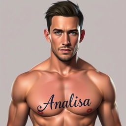 A digital portrait of a man resembling Channing Tatum showcasing a prominent tattoo on his chest that reads 'Analisa'