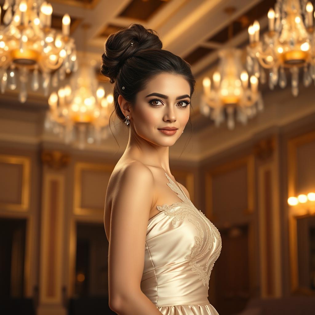 an elegant young woman, showcasing grace and sophistication, wearing a flowing evening gown made of delicate silk and lace