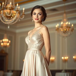 an elegant young woman, showcasing grace and sophistication, wearing a flowing evening gown made of delicate silk and lace