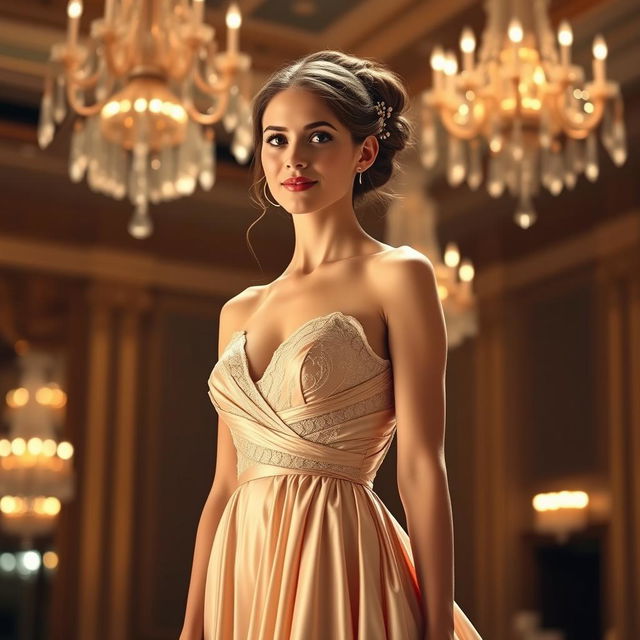 an elegant young woman, showcasing grace and sophistication, wearing a flowing evening gown made of delicate silk and lace